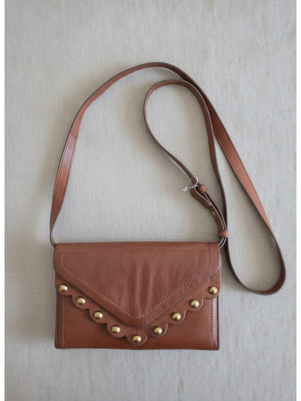 Lucky Brand Boho Brown Ruth Leather Crossbody Bag with Brass Toned Studs